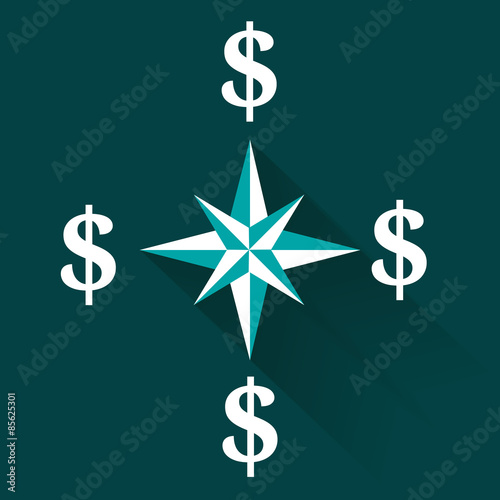 Compass rose direction and dollar symbol