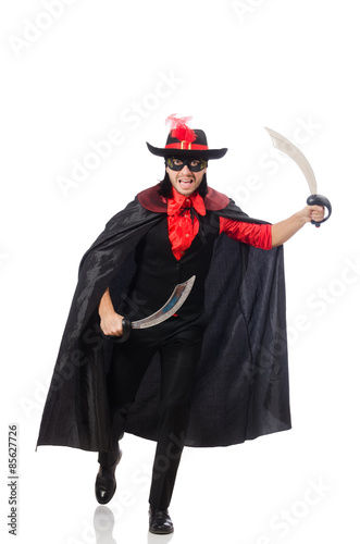 Young man in carnival coat with sword isolated on white