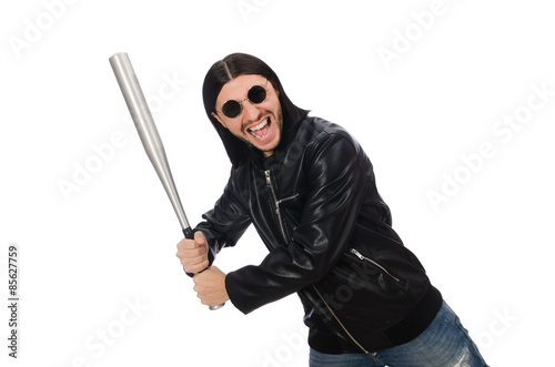 Aggressive man with baseball bat on white