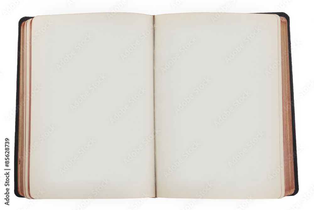 Old open book with empty pages isolated on white. Old open book with empty pages isolated on white.