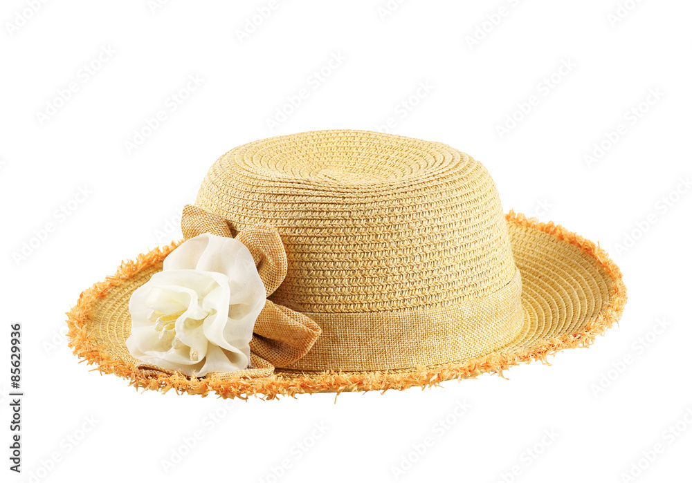 Pretty straw hat with flower on white background Pretty straw hat with flower on white background