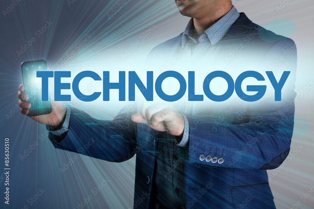 Businessman presses button technology on virtual screens. Busine