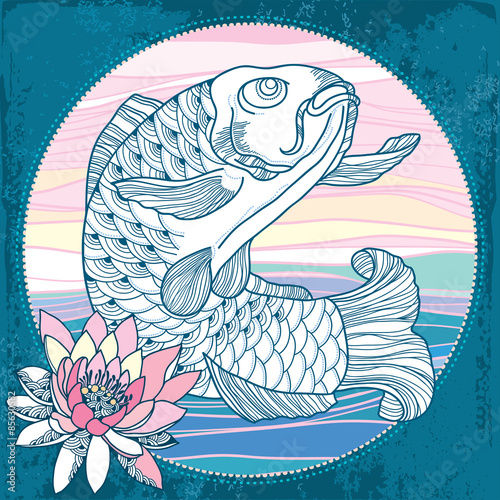 Carp with pink waterlily in the round frame