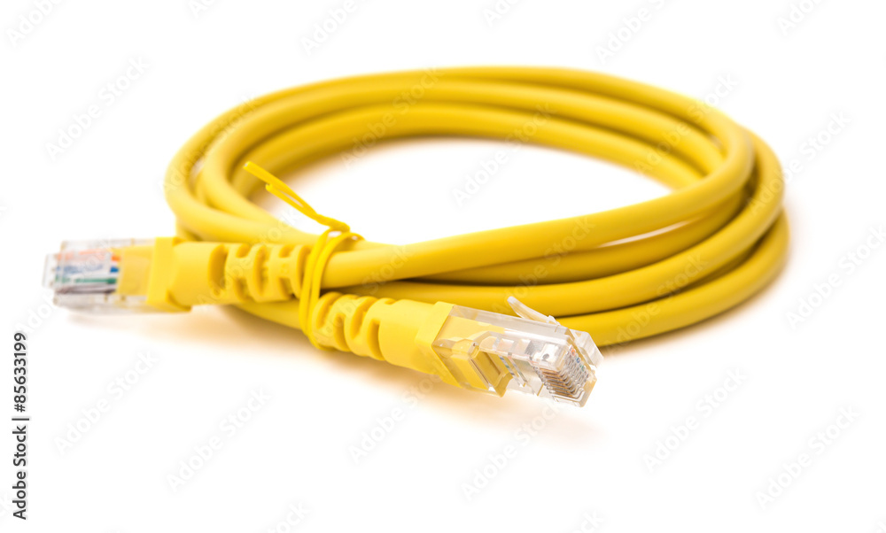 side view yellow RJ45 computer network connecting cable on white with clipping path side view yellow RJ45 computer network connecting cable on white with clipping path