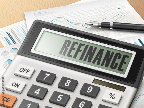 calculator with the word refinance photo
