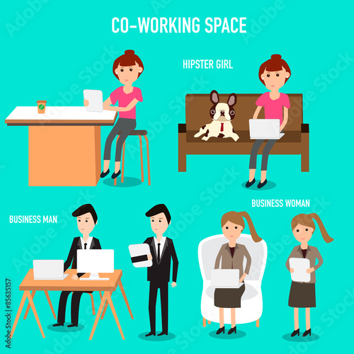 People working in the co-working space infographics elements.ill