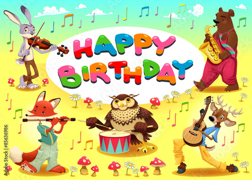 Happy Birthday card with musician animals