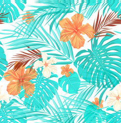 Sierkussen Turquoise patronen Helder tropisch palmbladeren zomerpatroon  © Ms.Moloko