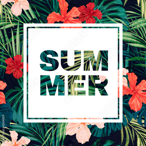 Bright colorful tropical summer poster with leaves and flowers