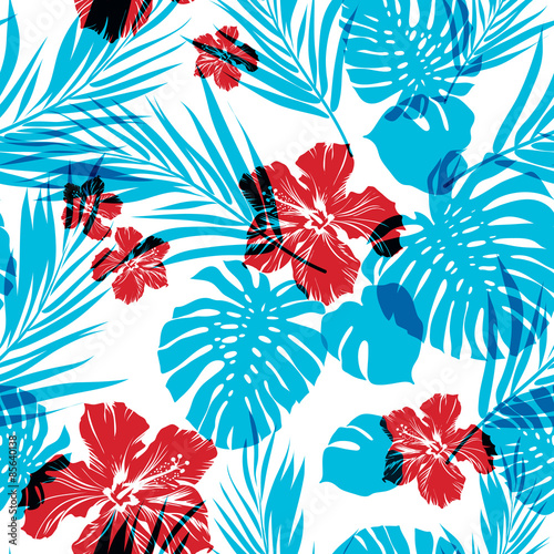 Bright seamless summer tropical pattern with palm tree leaves
