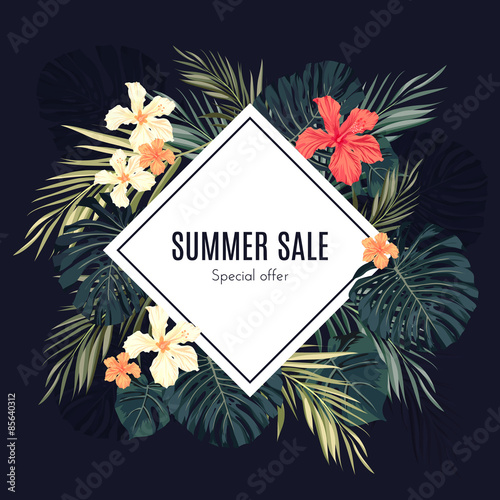 Summer tropical hawaiian background with palm tree leavs and