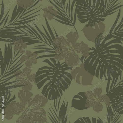 Tropical seamless monochrome khaki camouflage background with