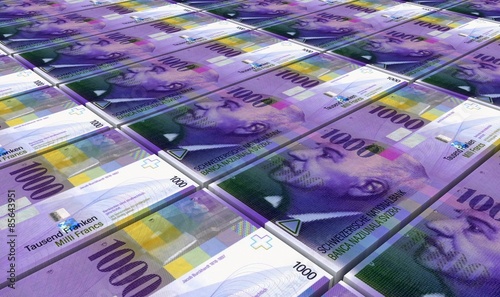 Swiss franc bills stacks background. Computer generated 3D photo rendering.