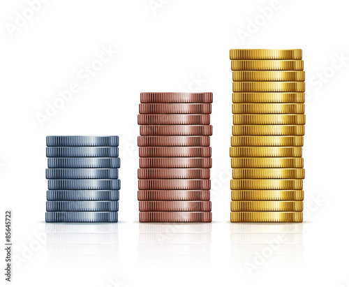 Vector stacks of coins. Gold, silver and copper coins