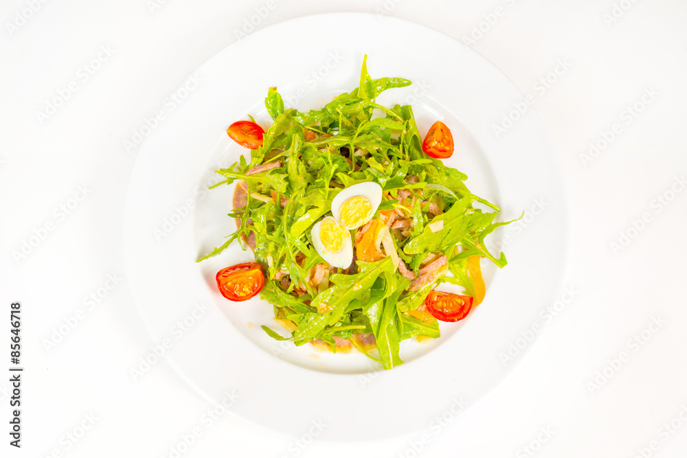 Pashot egg and salad with backed duck, rucola, cherry tomatoes Pashot egg and salad with backed duck, rucola, cherry tomatoes