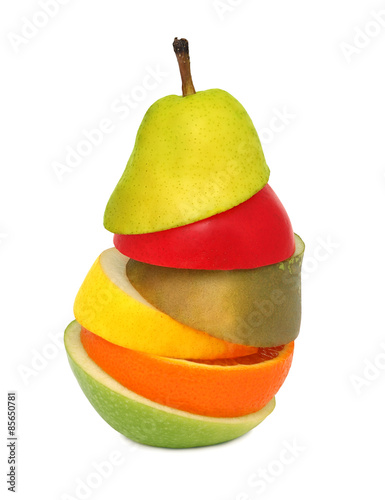 Abstract pear composed from pieces of different fruits  isolated