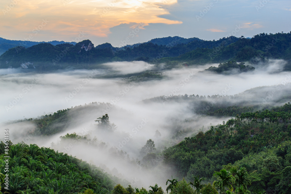 Obraz premium Layer of mountains in the mist at sunrise time, Baan Nai Wong, Ranong Province, Thailand