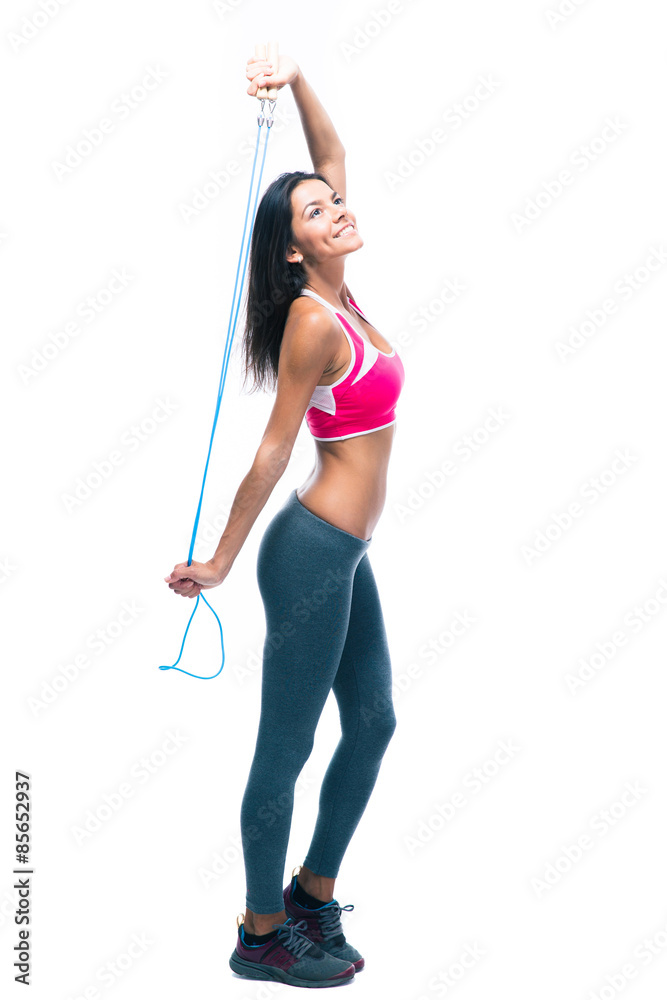 Smiling fitness woman holding skipping rope Smiling fitness woman holding skipping rope