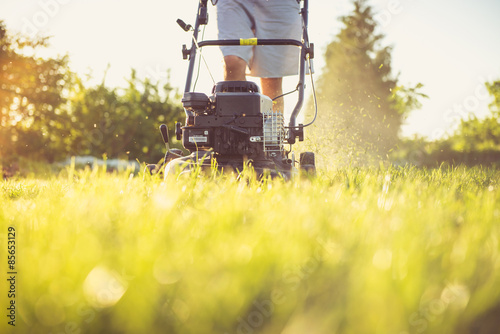 Young man mowing the grass