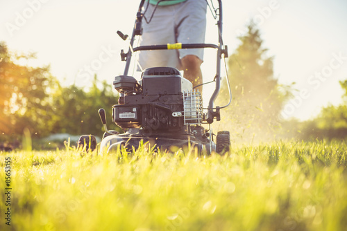 Young man mowing the grass