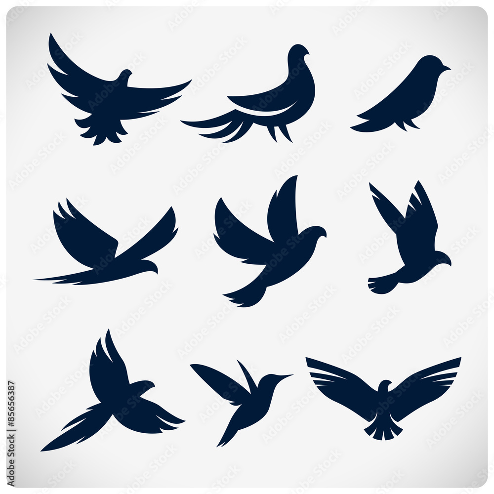 Set of flying birds sign. Dark silhouettes isolated on white.