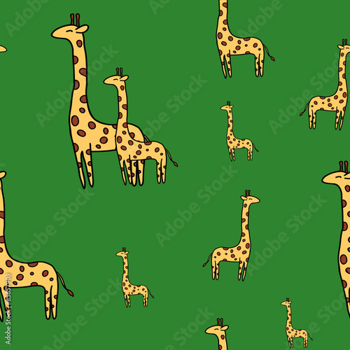 Cute giraffe seamless vector pattern on green background