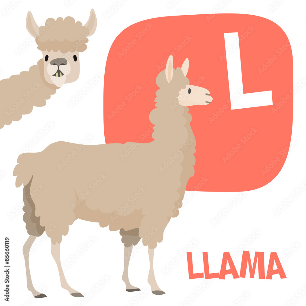 Funny cartoon animals vector alphabet letter set for kids. L is