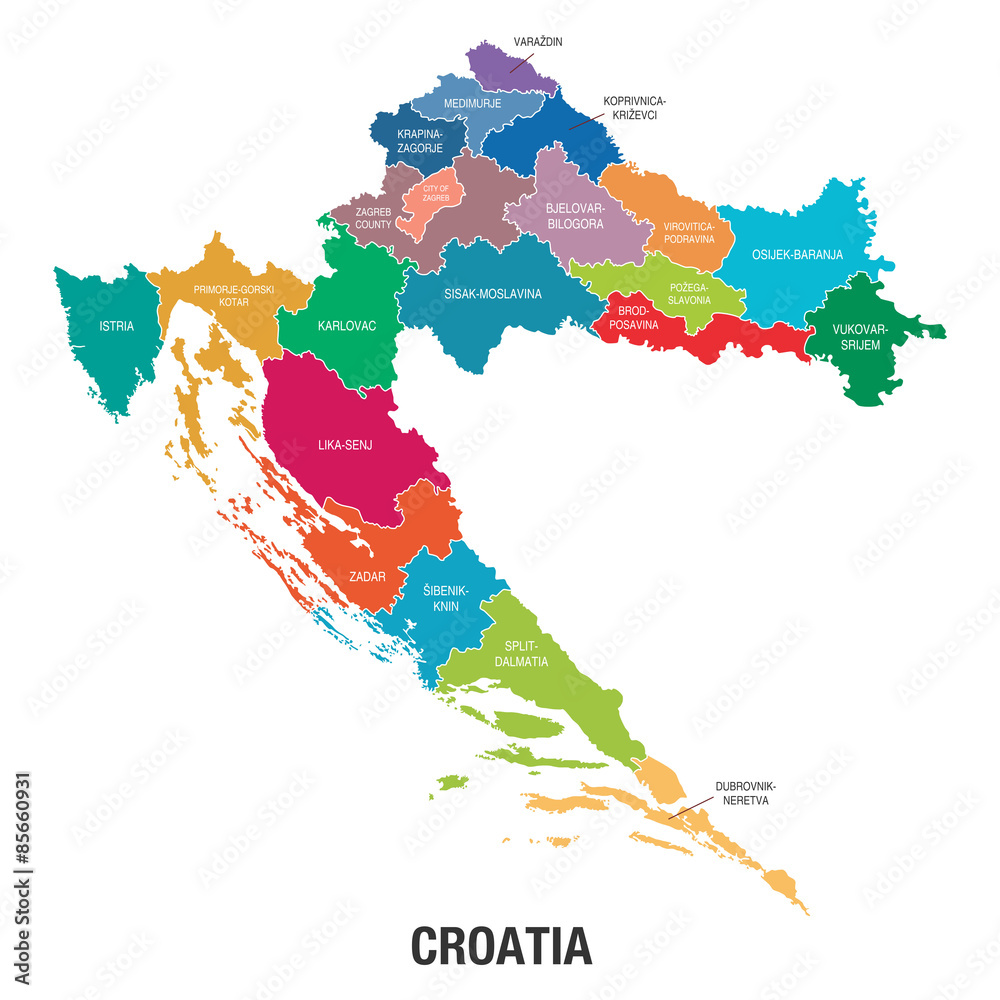Obraz premium Croatia Map with Regions Colored Vector Illustration