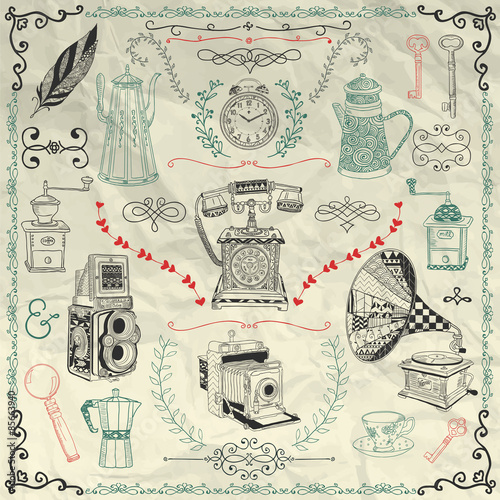 Vector Vintage Icons and Objects on Crumpled Paper