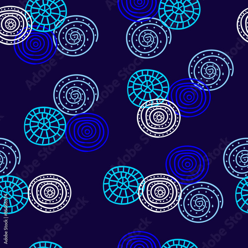 Seamless pattern with abstract spiral elements on dark background.