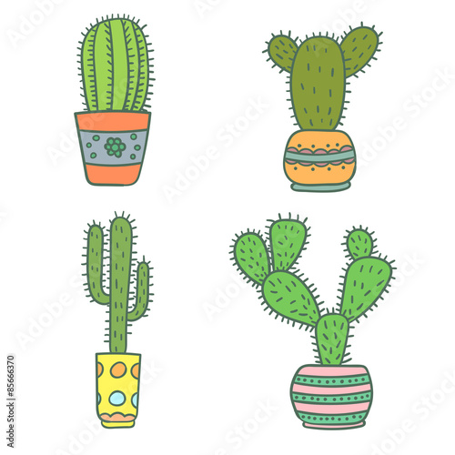 Set of hand drawn cactus. Vector illustration.