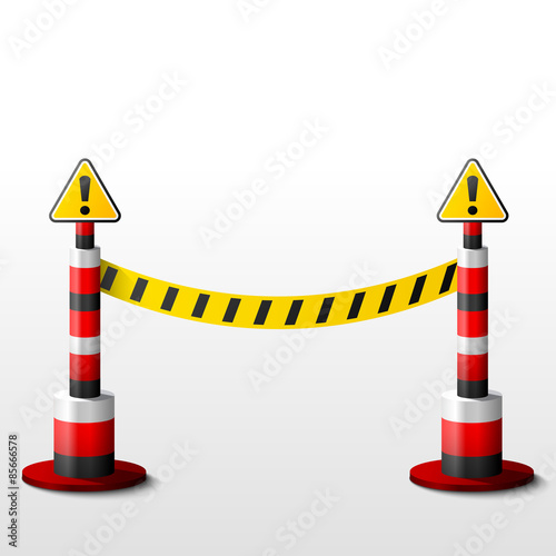 Blocking bollards with attention signs. Barrier tape and posts