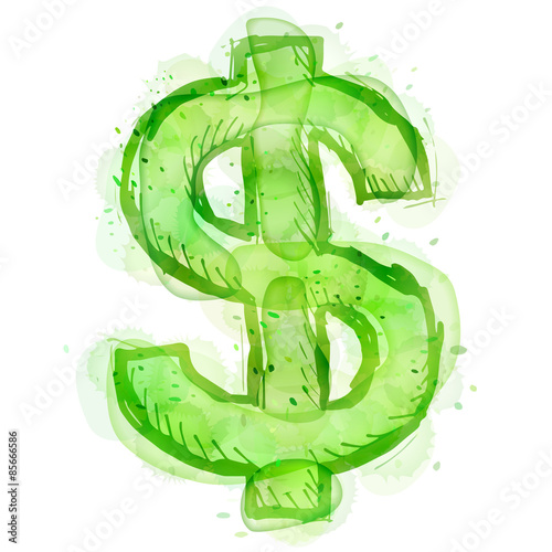 Painting of dollar symbol with watercolor effect. Outline sketch