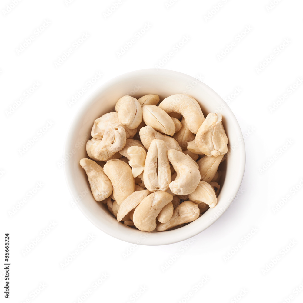 Bowl filled with cashew nuts isolated