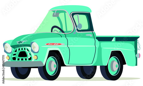 Caricatura camioneta Chevrolet Apache 1957 verde vista frontal y lateral