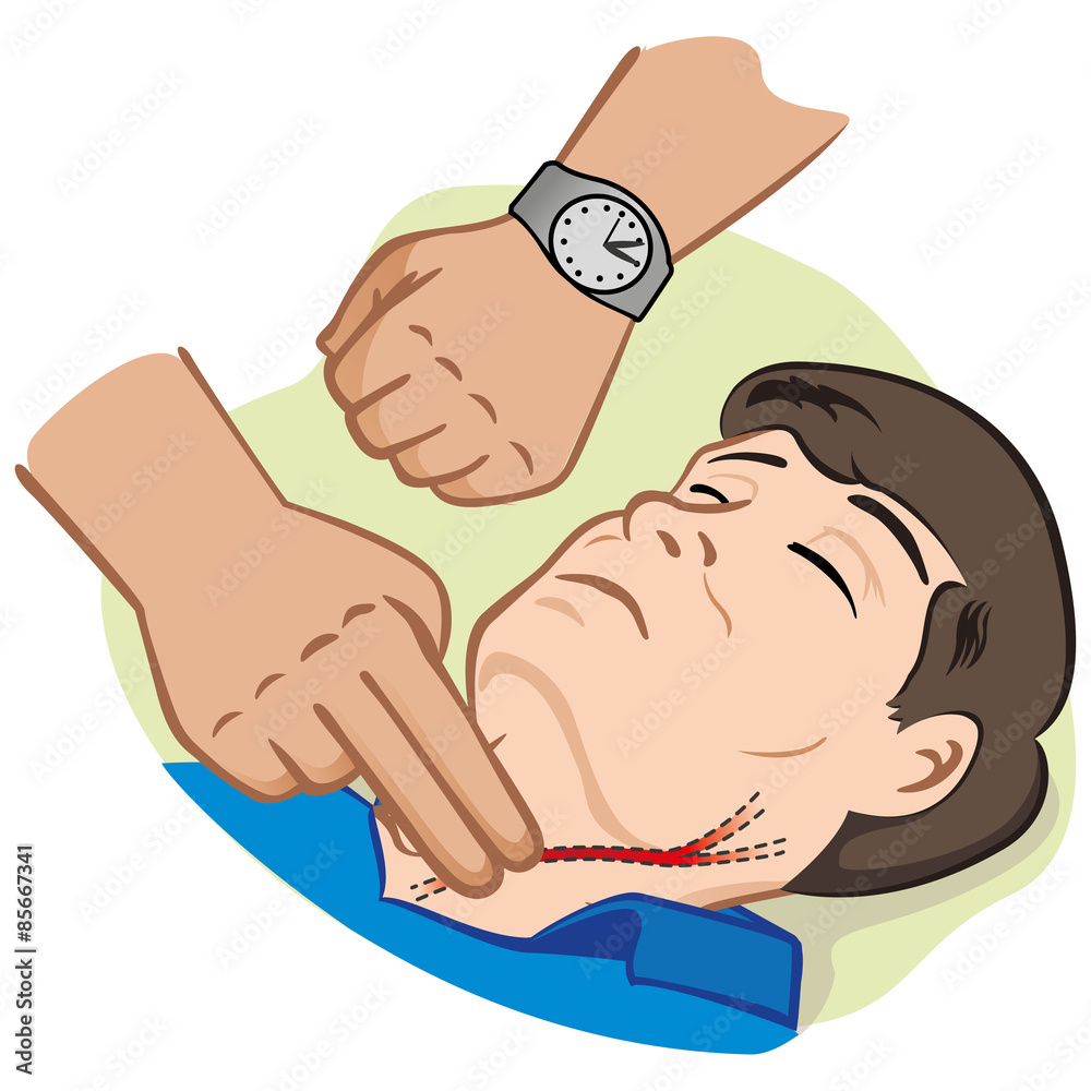 First Aid measuring pulse through the carotid artery with clock Stock ...