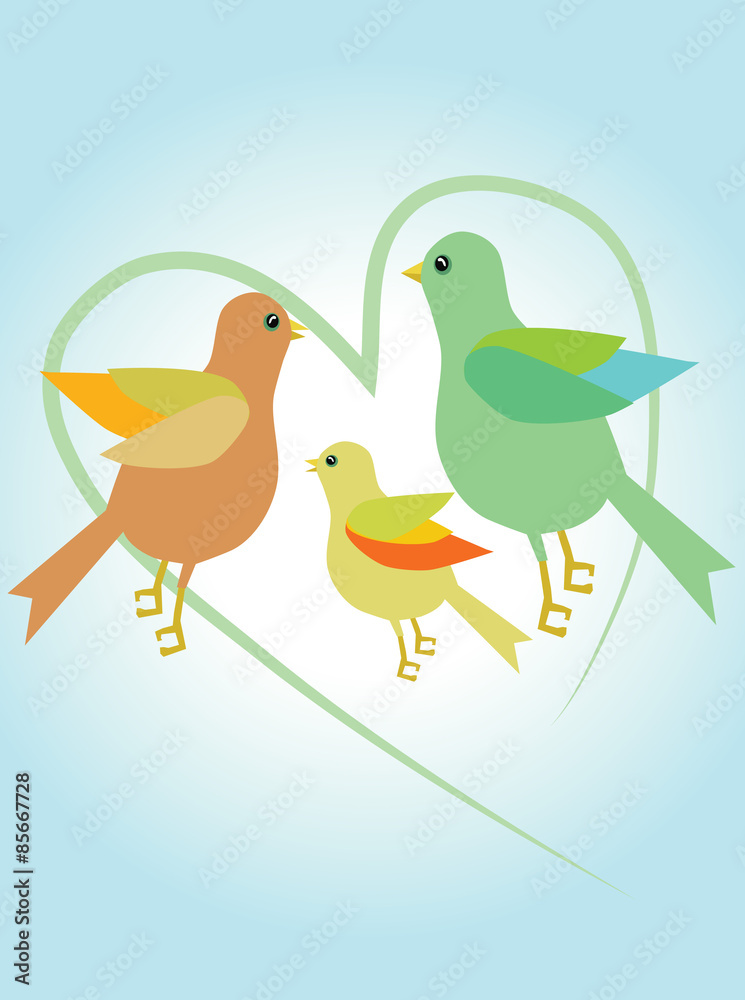 Birds family in love. Vector.