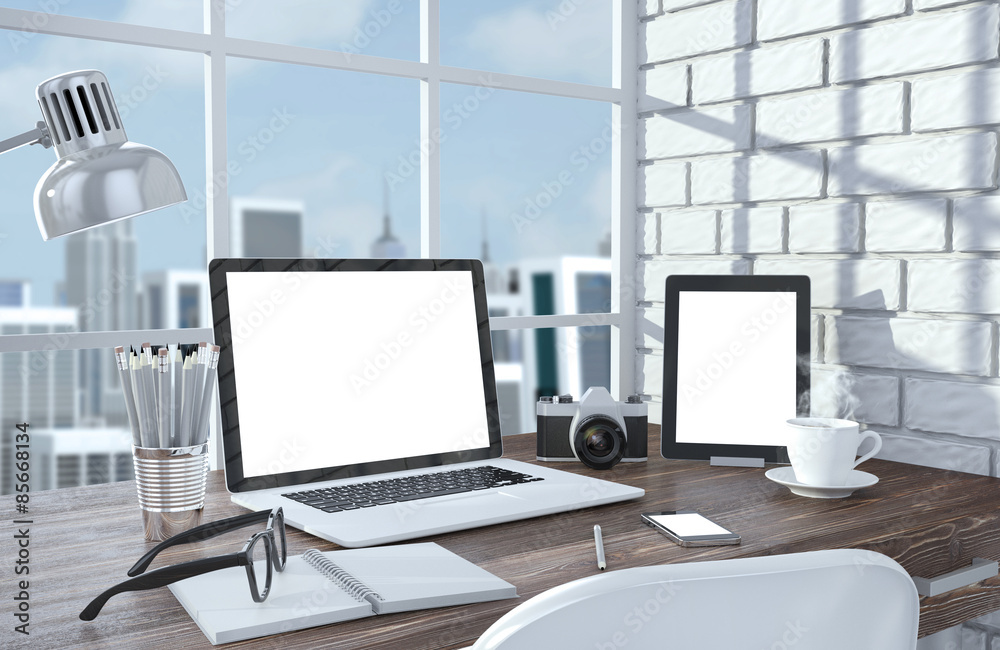 3D illustration laptopand work stuff on table near brick wall 3D illustration laptopand work stuff on table near brick wall