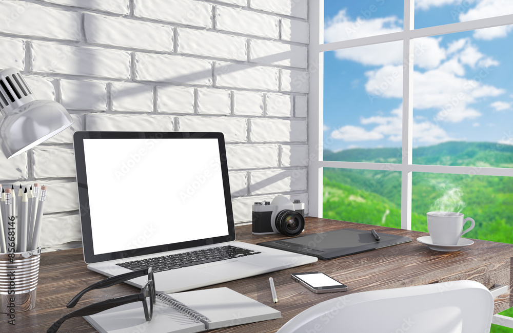 Obraz premium 3D illustration laptopand work stuff on table near brick wall