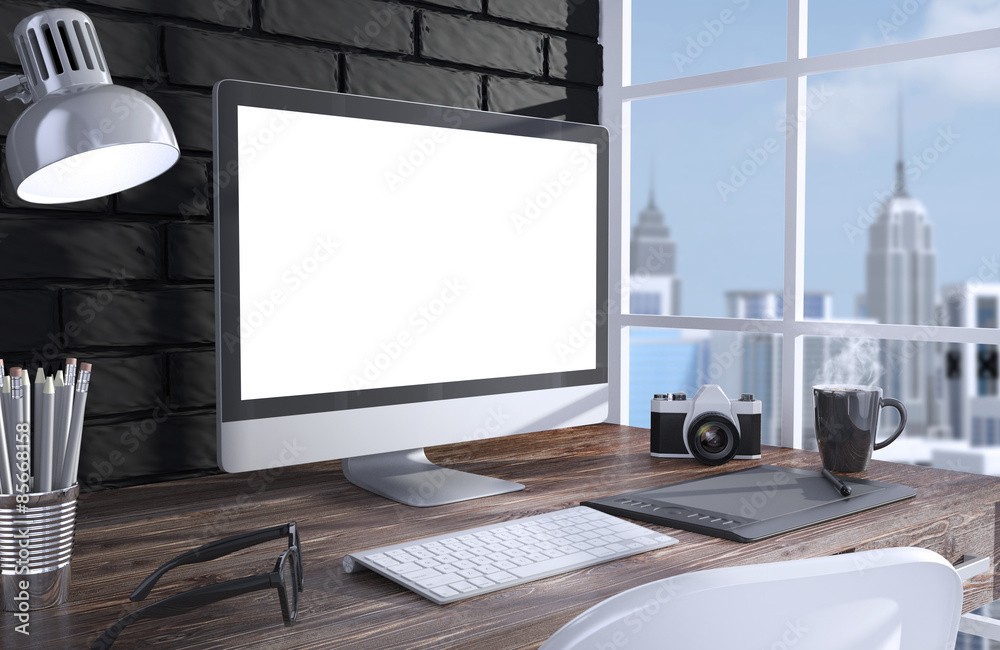 Fototapeta premium 3D illustration PC screen on table in office, Workspace