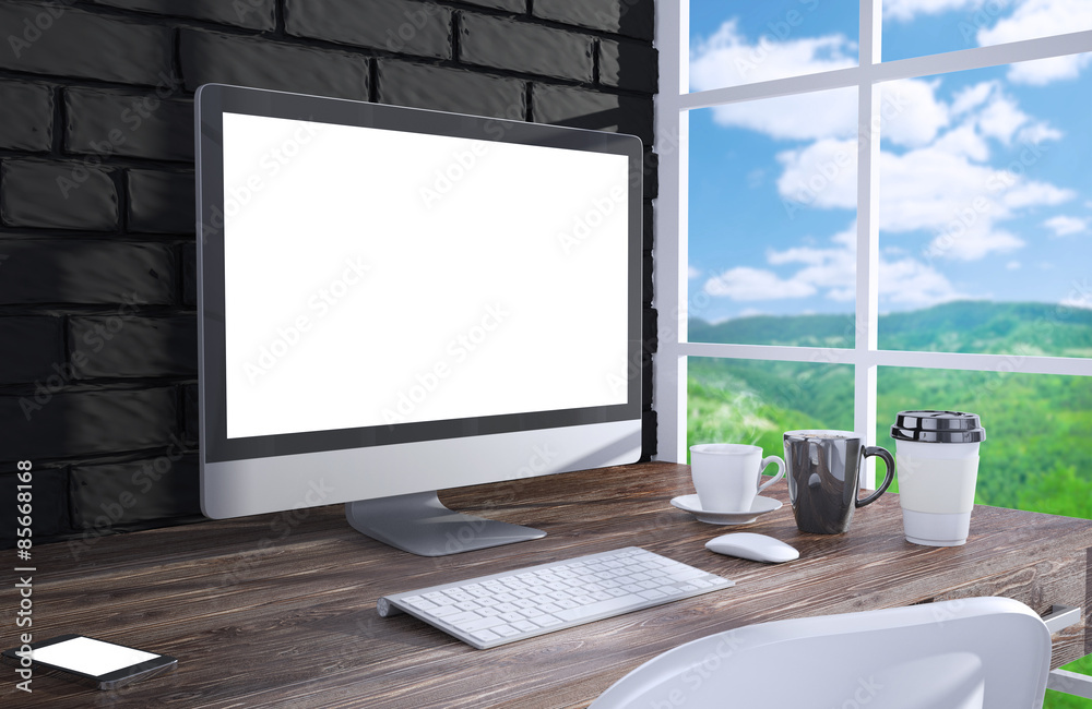 Fototapeta premium 3D illustration PC screen on table in office, Workspace