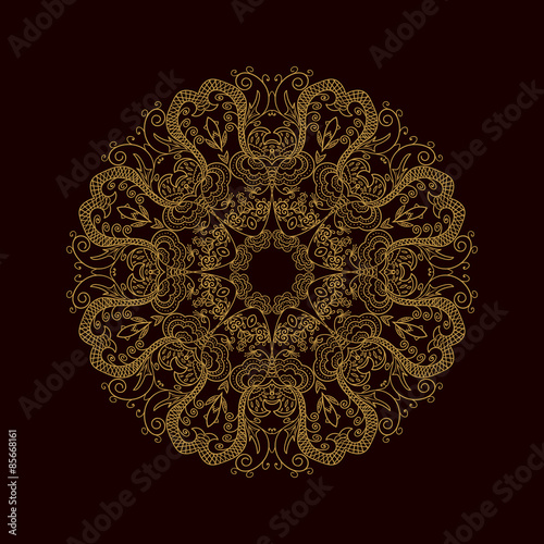 Round ornament. Mandala. Black and golden vector decorative element. 