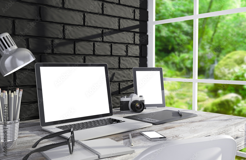 3D illustration laptopand work stuff on table near brick wall 3D illustration laptopand work stuff on table near brick wall