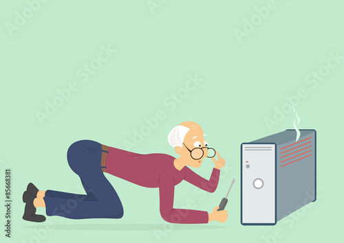 man trying to fix a broken computer: man stands on his knees with a screwdriver in his hand, touching his chin thoughtfully, computer overheated