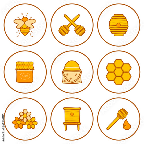 Set of hand drawn icons on beekeeping theme