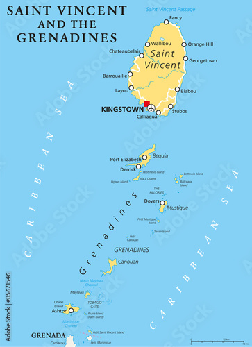 Saint Vincent and the Grenadines political map with capital Kingstown. Island country in the Lesser Antilles Island arc. English labeling and scaling. Illustration.