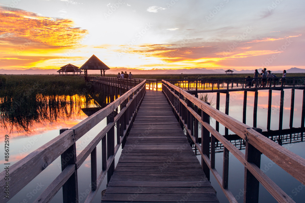 Wooden Bridge in lotus lake on sunset time at Khao Sam Roi Yot National Park, Thailand