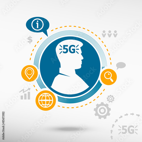 5G sign icon and perspective smartphone vector realistic.
