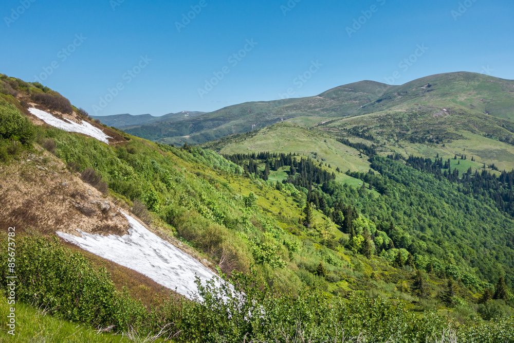 Naklejka premium Spring mountains and blue sky