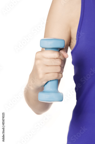 Woman hand doing weights lifting with a dumbbell isolated on a white background
